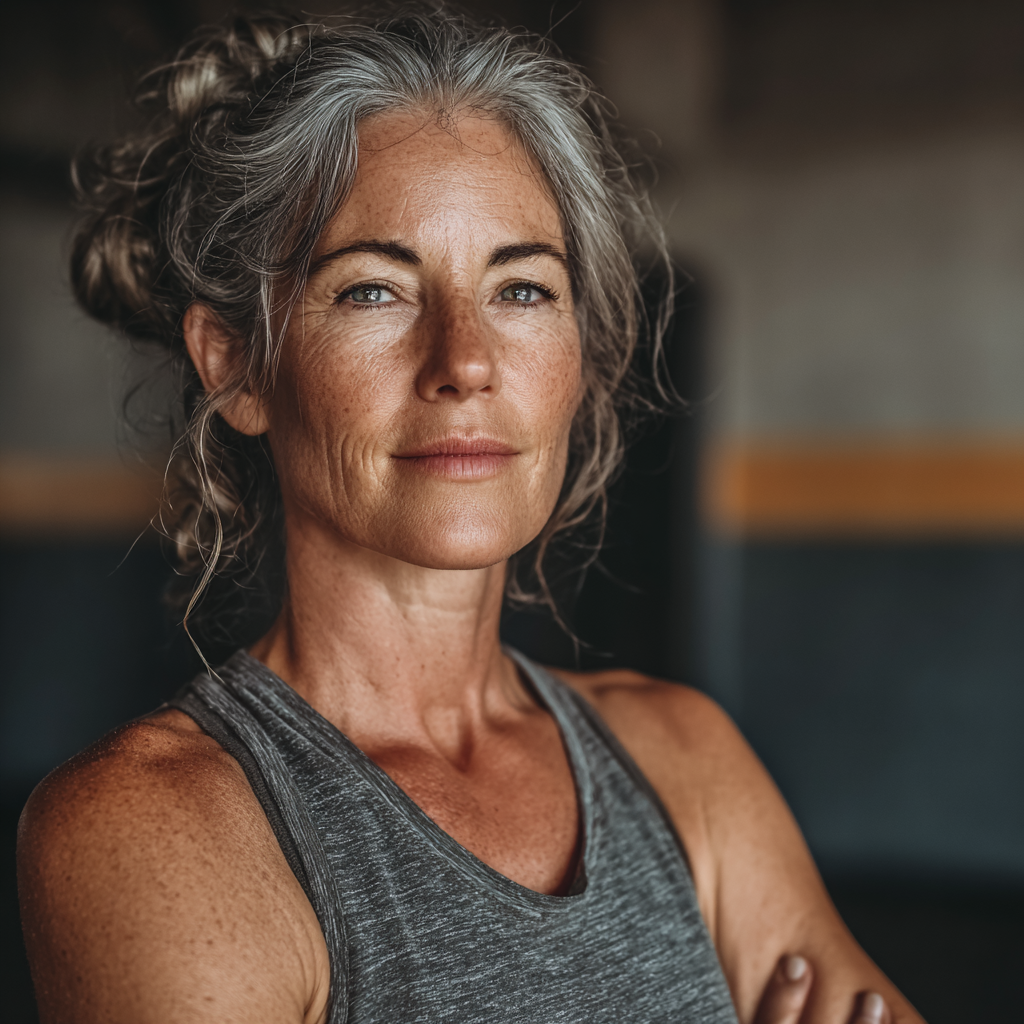 Confident mature woman in her 50s in workout clothes, standing in a fitness studio after completing her exercise routine, representing health and wellness journey