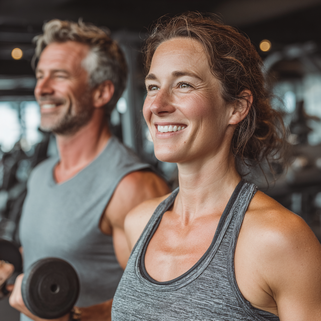 Happy couple in their 40s exercising together in a modern gym, showing healthy lifestyle and fitness routine with strength training equipment