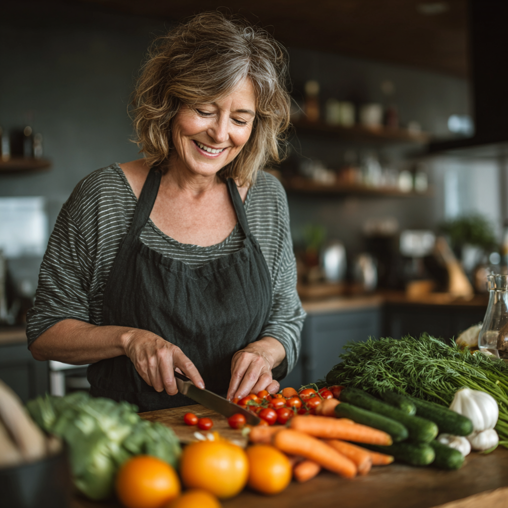 Healthy middle-aged woman in her 50s preparing fresh vegetables in a modern kitchen, smiling while chopping colorful produce for a nutritious meal